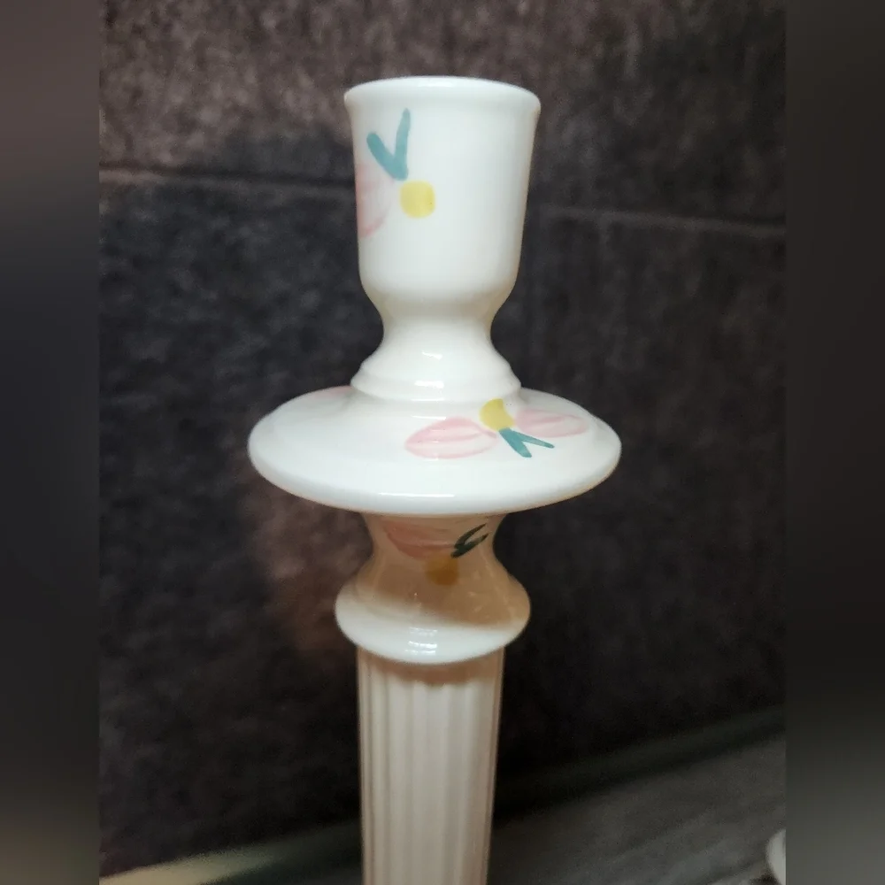 Signed Hand-Painted Ceramic Candlesticks Pink Green Flowers Lattice Design 12